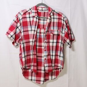 Technics Plaid Button Down L Red Womens Short Sleeve Cotton Grunge Shirt
